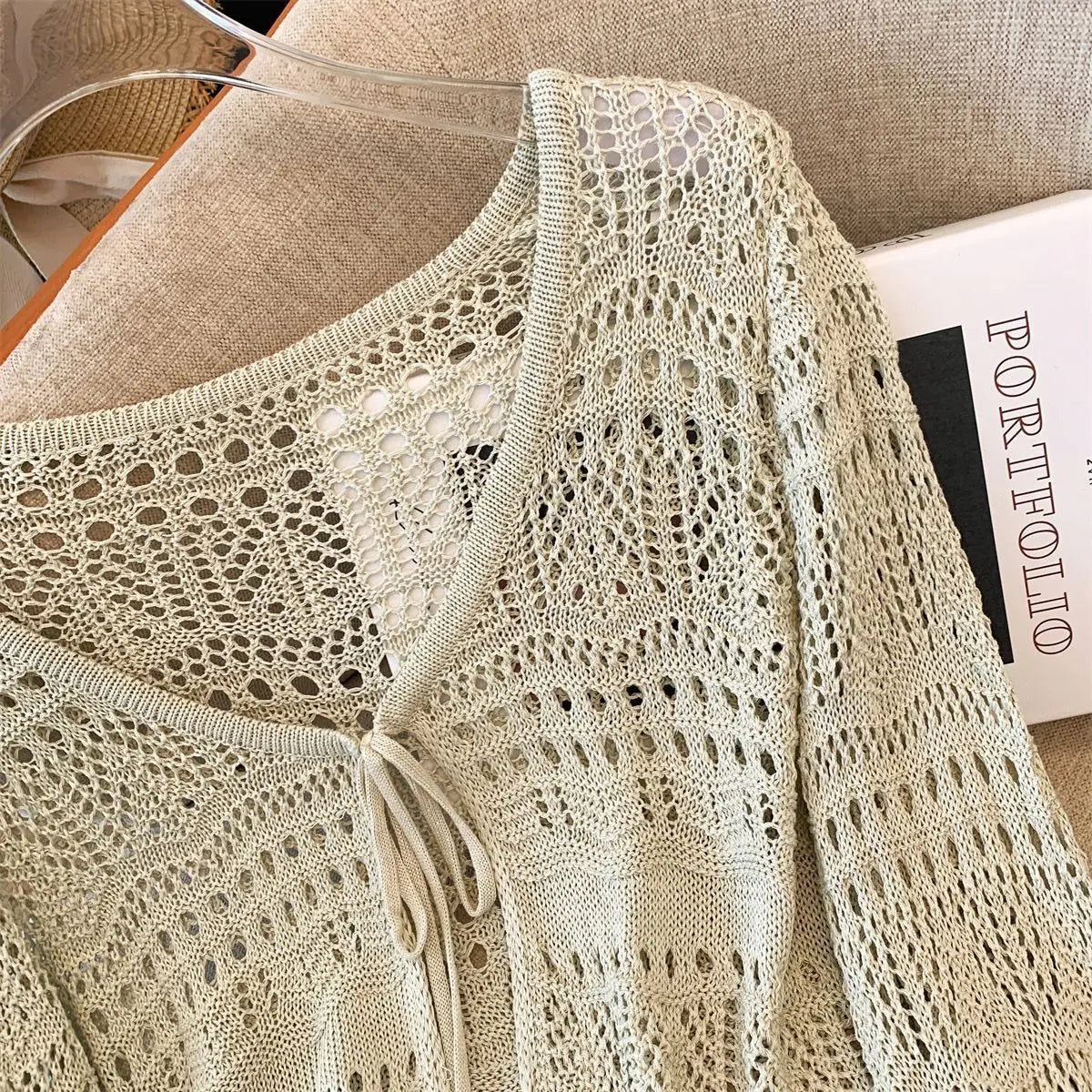 Casual Comfort Crochet  Short Top  Knitted Cardigan with Long Sleeves