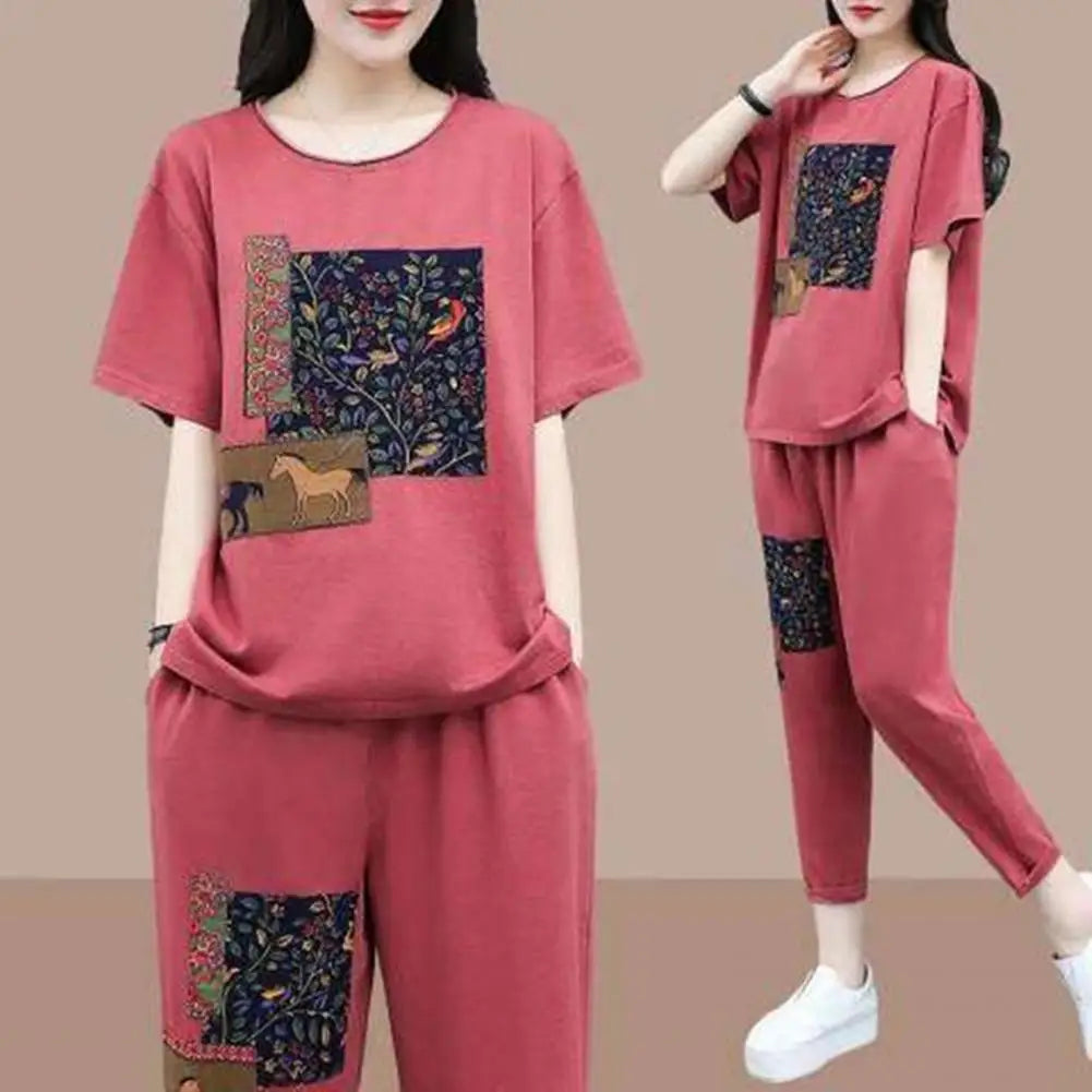 Cool Printing O-Neck Top Cropped Pants Set