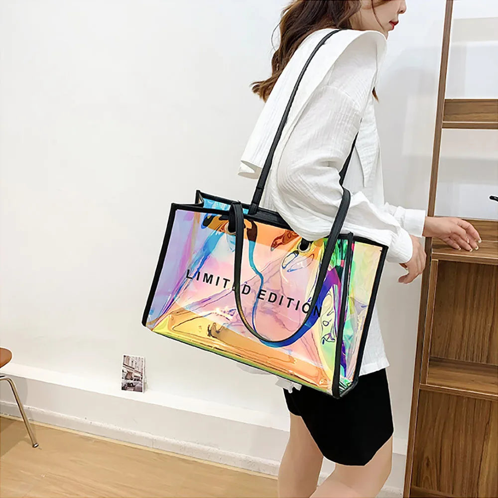 Clear Neon Holographic Large Tote Bag