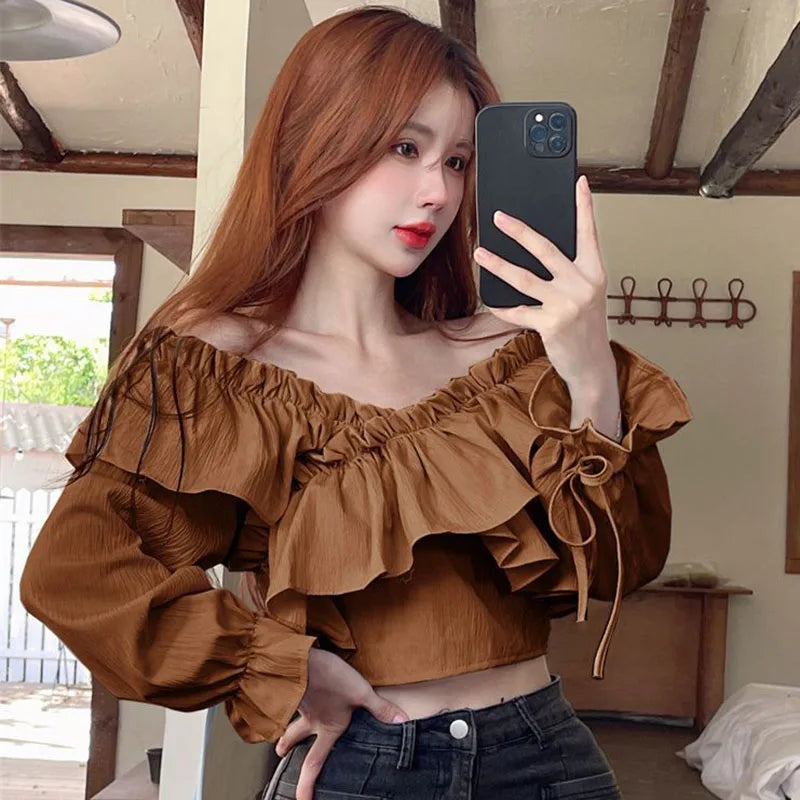 Ruffles Patchwork V-Neck Crop Tops Blouse  with Long Sleeve