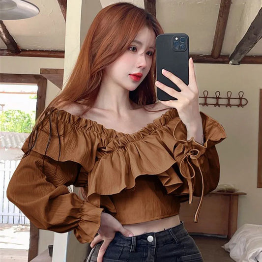 Ruffles Patchwork V-Neck Crop Tops Blouse  with Long Sleeve