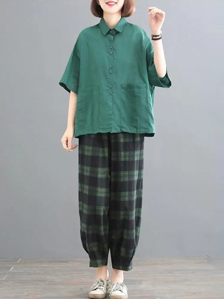 Vntage Style Loose Cotton Shirts & Plaid Pants 2 Piece Set