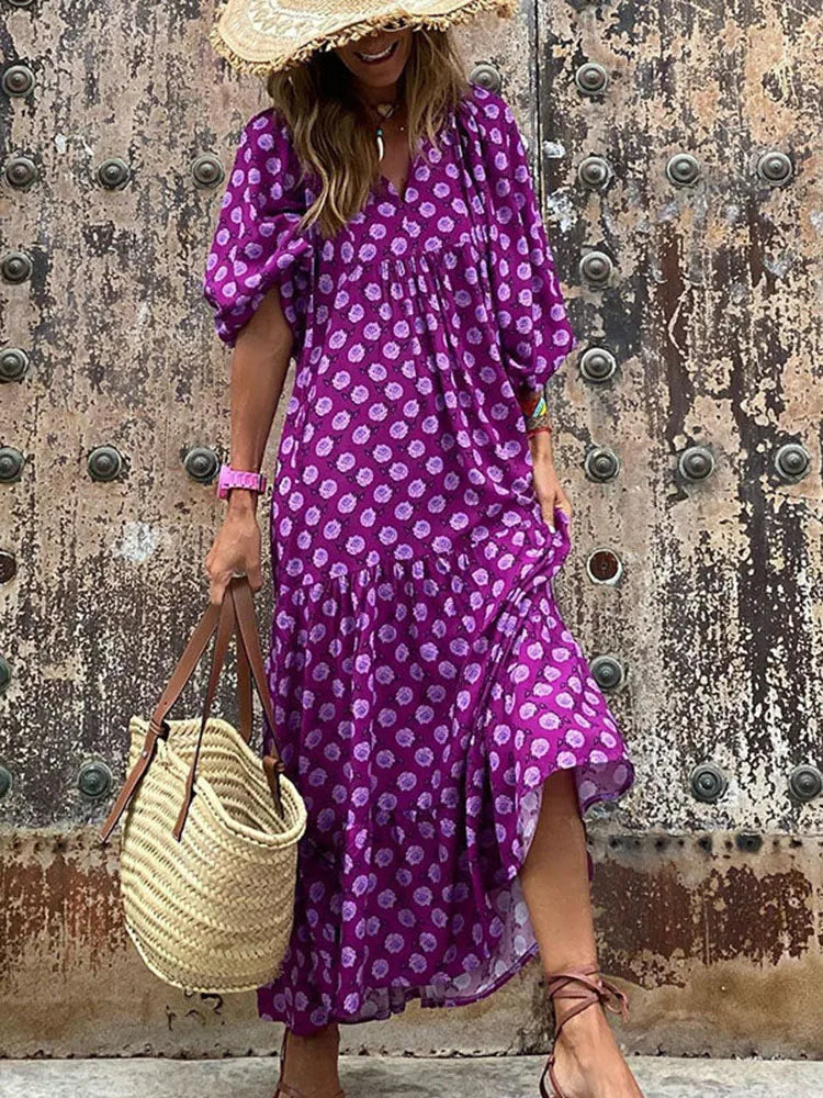 Bohemian Print V-Neck Loose Fit Summer Maxi Dress W/ 3/4 Sleeve