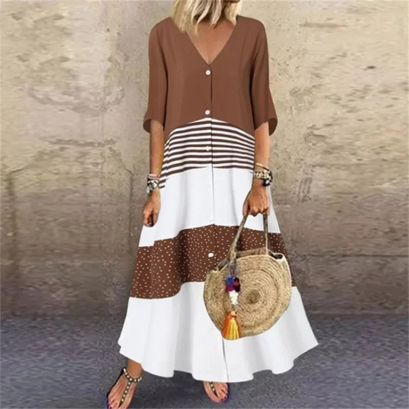 Short Sleeve V-neck Button Up Dress