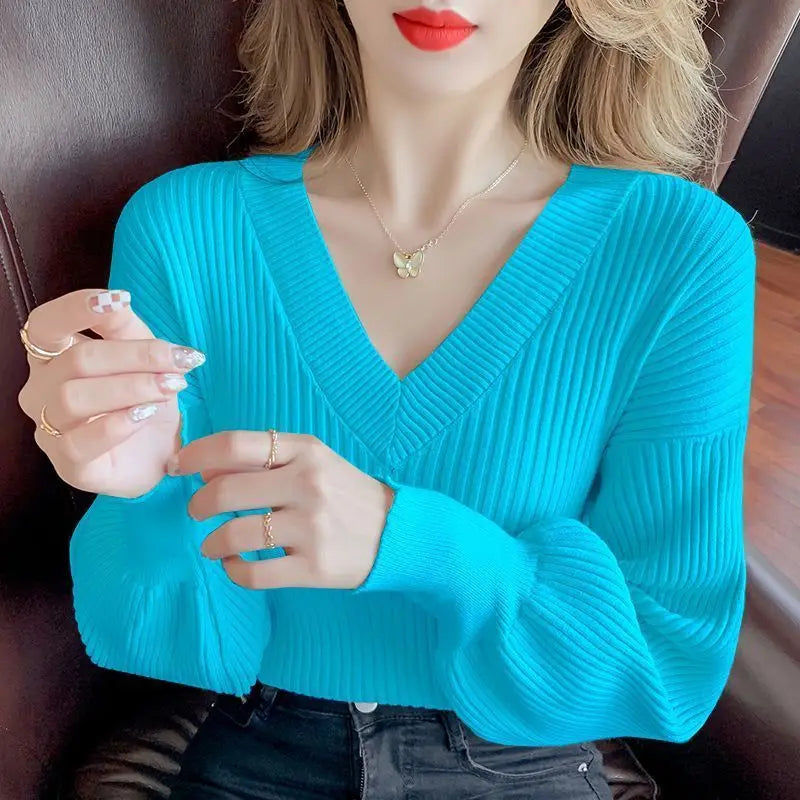 Vibrant Style Casual V-neck  Knit  Sweater Pullover