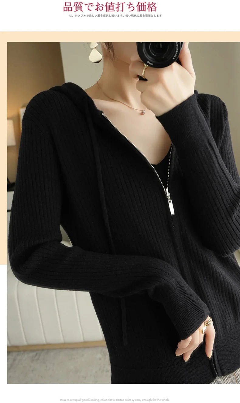 Buttery Soft 100% Pure Merino Wool Knitted  Zipper Hooded Cardigan