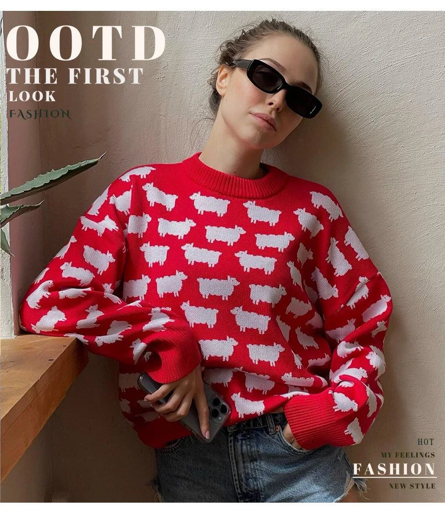 O-neck Alpaca Loose Casual Mid Length Printed Sweater