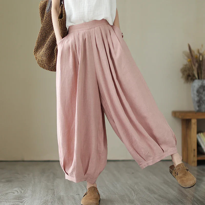 Arts Style Ankle-length Loose Elastic Waist Wide Leg Pants
