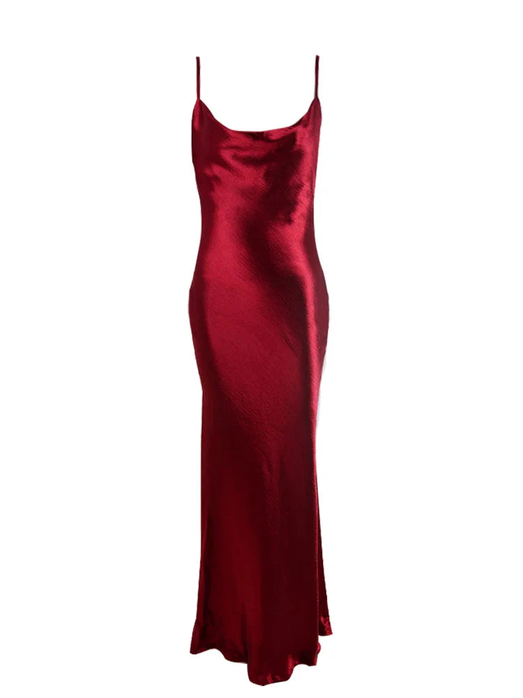 Spaghetti Strap Sleeveless Elegant Satin Backless Maxi Dress