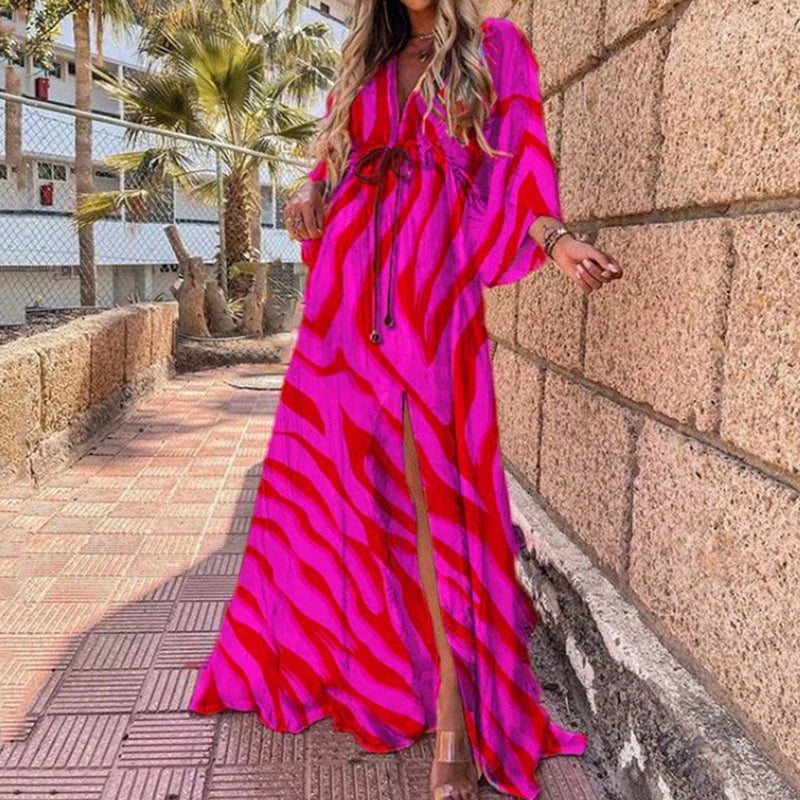 Elegant Artsy Print Oversized Holiday Beachy Maxi V-Neck Dress