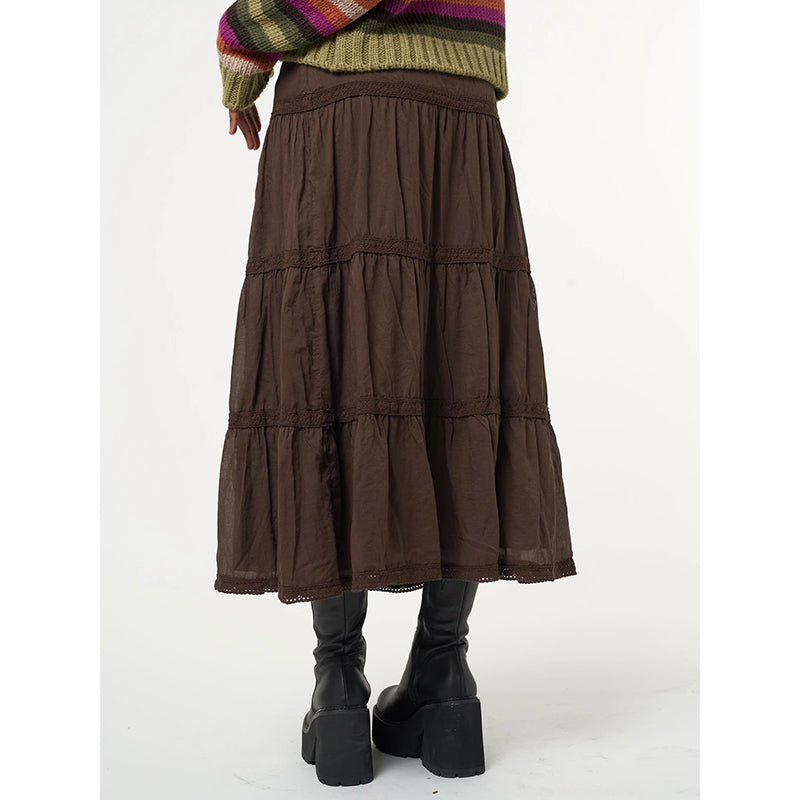Retro Brown Ruffle Long  Skirts
