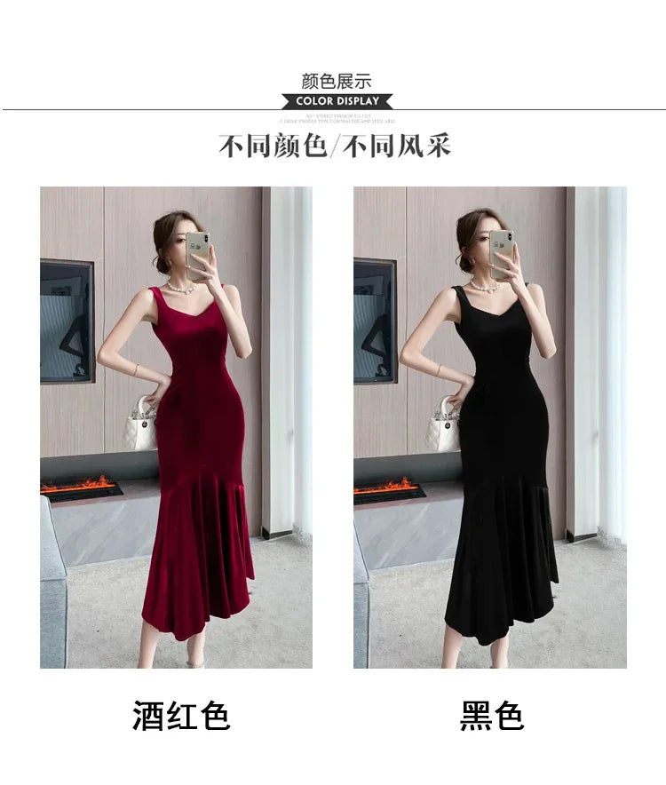 NEW Elegant Korean  Velvet Backless Sleeveless Midi Mermaid Dresses
