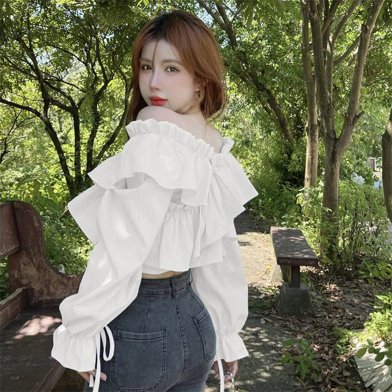 Ruffles Patchwork V-Neck Crop Tops Blouse  with Long Sleeve