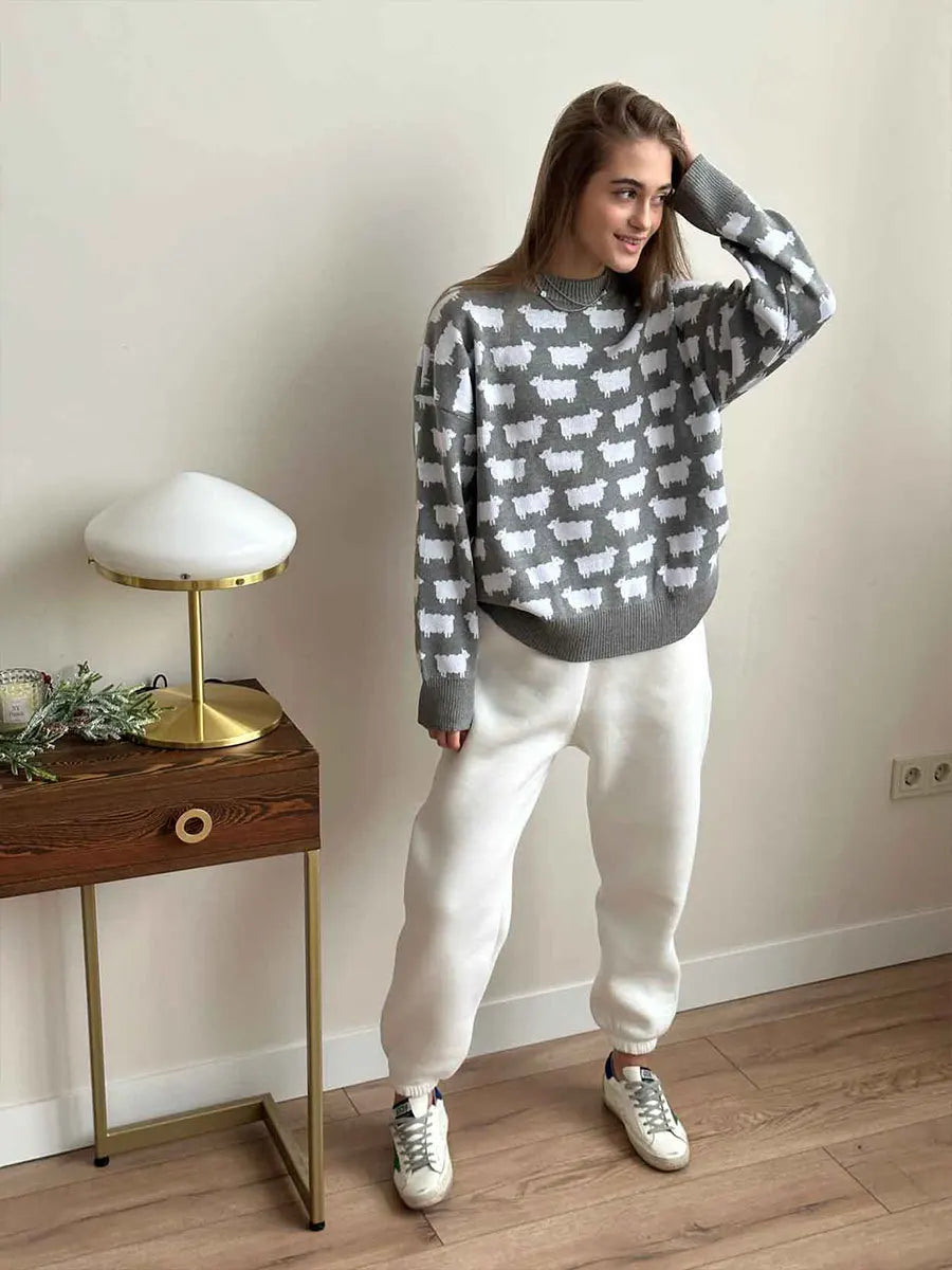 O-neck Alpaca Loose Casual Mid Length Printed Sweater