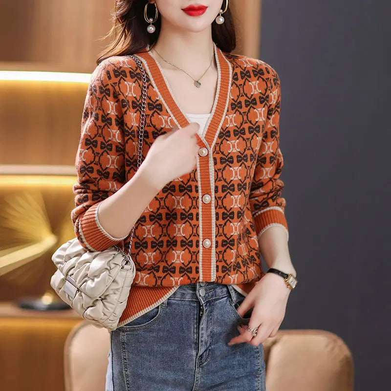Vintage Elegant V-neck Jacquard Knitted Cardigan