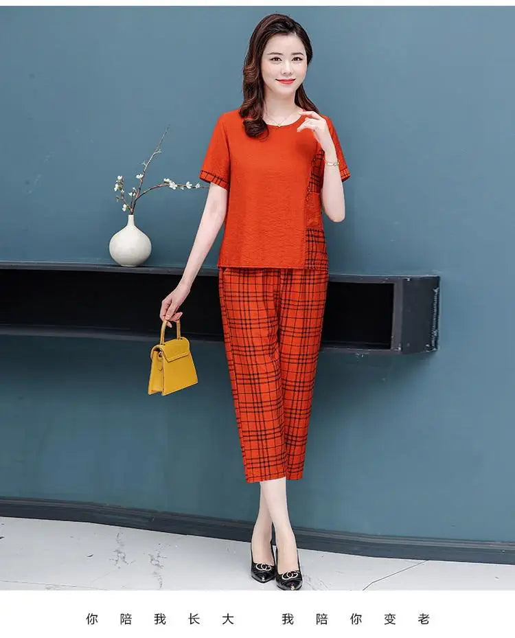 Linen Luxe T-Shirt Capris Plaid Pants 2 Piece Set