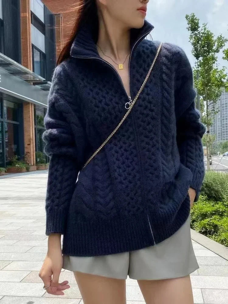 Luxurious High Neck Knit Wool Zippered Cardigan Sweater Jacket