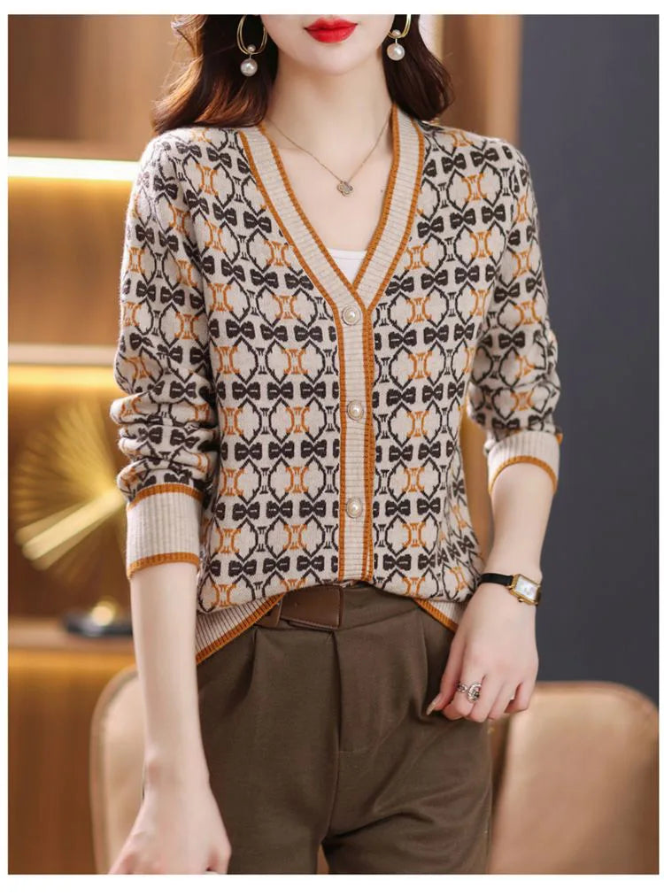 Vintage Elegant V-neck Jacquard Knitted Cardigan
