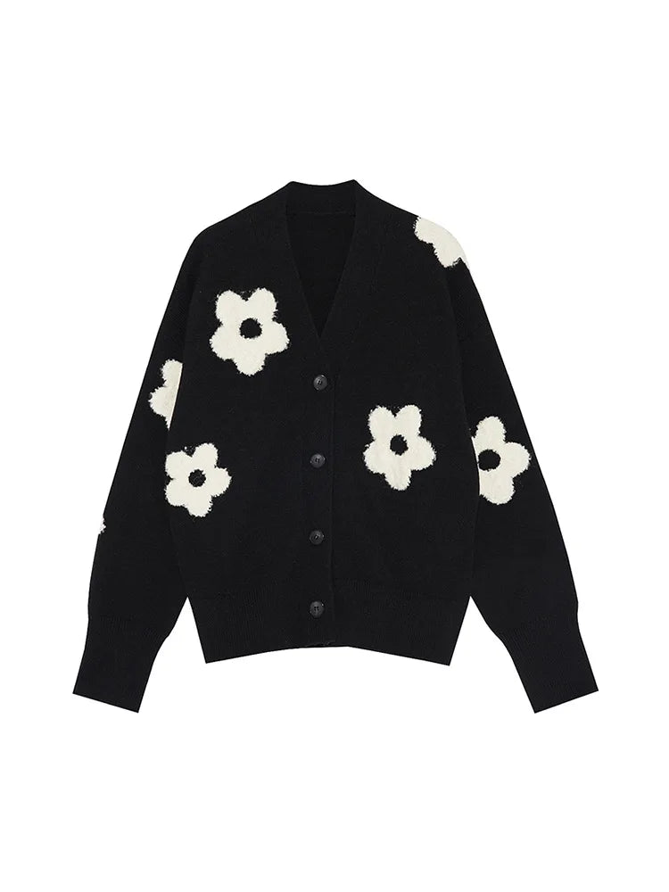 Trendy Floral Embroidered Knitted  Loose Fitting Cardigan