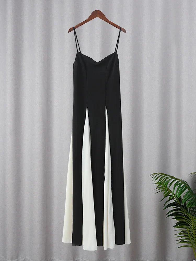 Elegant Black White Contrasting  Sling Backless Sleeveless High Waist Max Dress