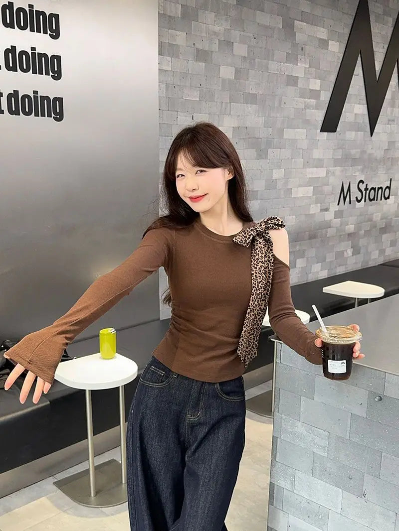 Coffee Leopard  Round Neck Long Sleeve Slim Top