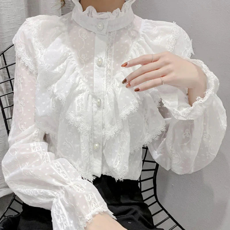 Victorian Style Ruffle Lace  Stand Collar Pleated Blouse with  Long Sleeve