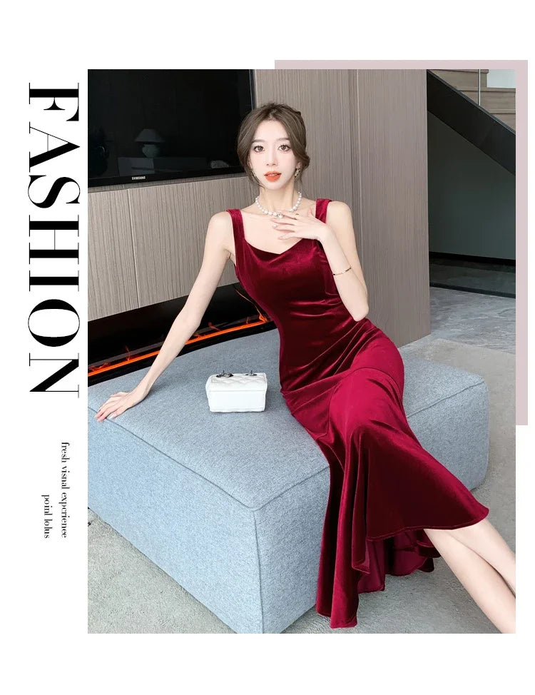 NEW Elegant Korean  Velvet Backless Sleeveless Midi Mermaid Dresses