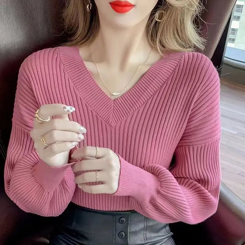 Vibrant Style Casual V-neck  Knit  Sweater Pullover