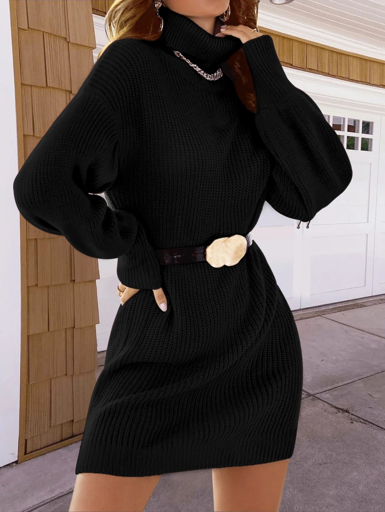 Black Turtleneck Mini Sweater Dress with Lantern Sleeve