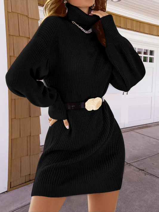 Black Turtleneck Mini Sweater Dress with Lantern Sleeve