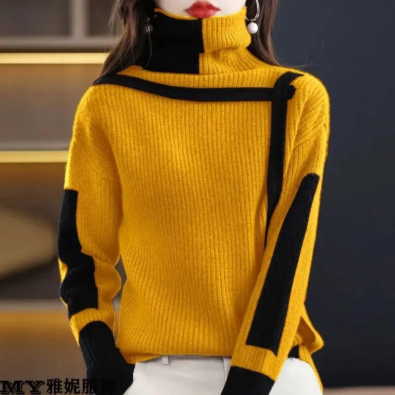 Patchwork Art Design Knit Sweater with High-Collar& Raglan Sleeve
