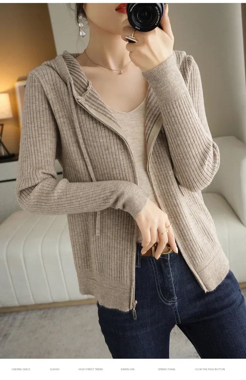 Buttery Soft 100% Pure Merino Wool Knitted  Zipper Hooded Cardigan