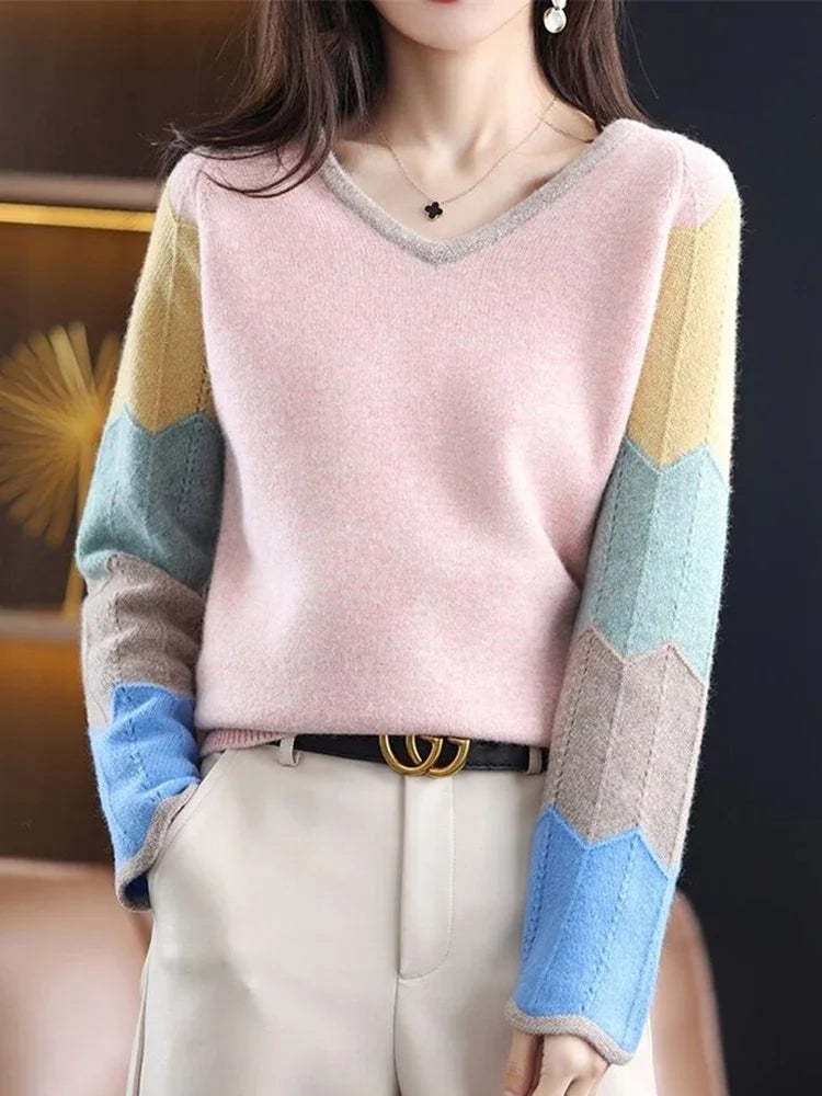 Artist Style  Patchwork V Neck Knitted Sweater Tops