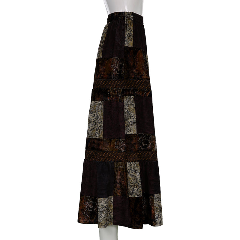 Boho  Patchwork Brown Pleated   Skirt