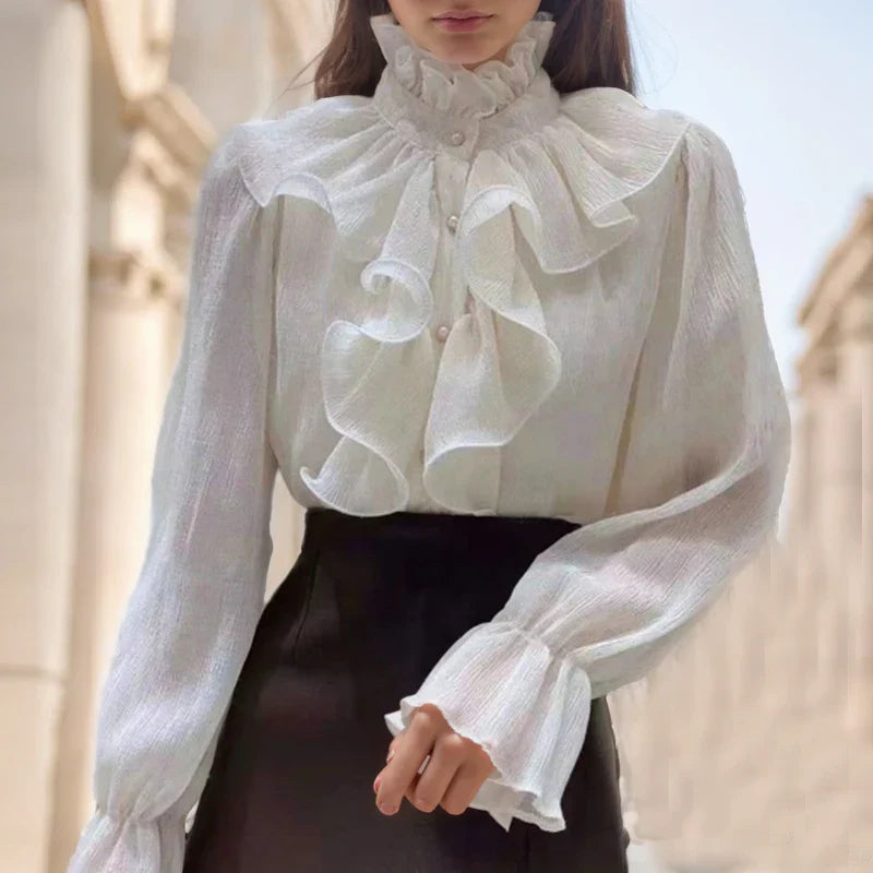 Romantic  Flare  Buttons Ruched  Ruffle Stand Collar Chiffon Shirt with  Long Sleeve