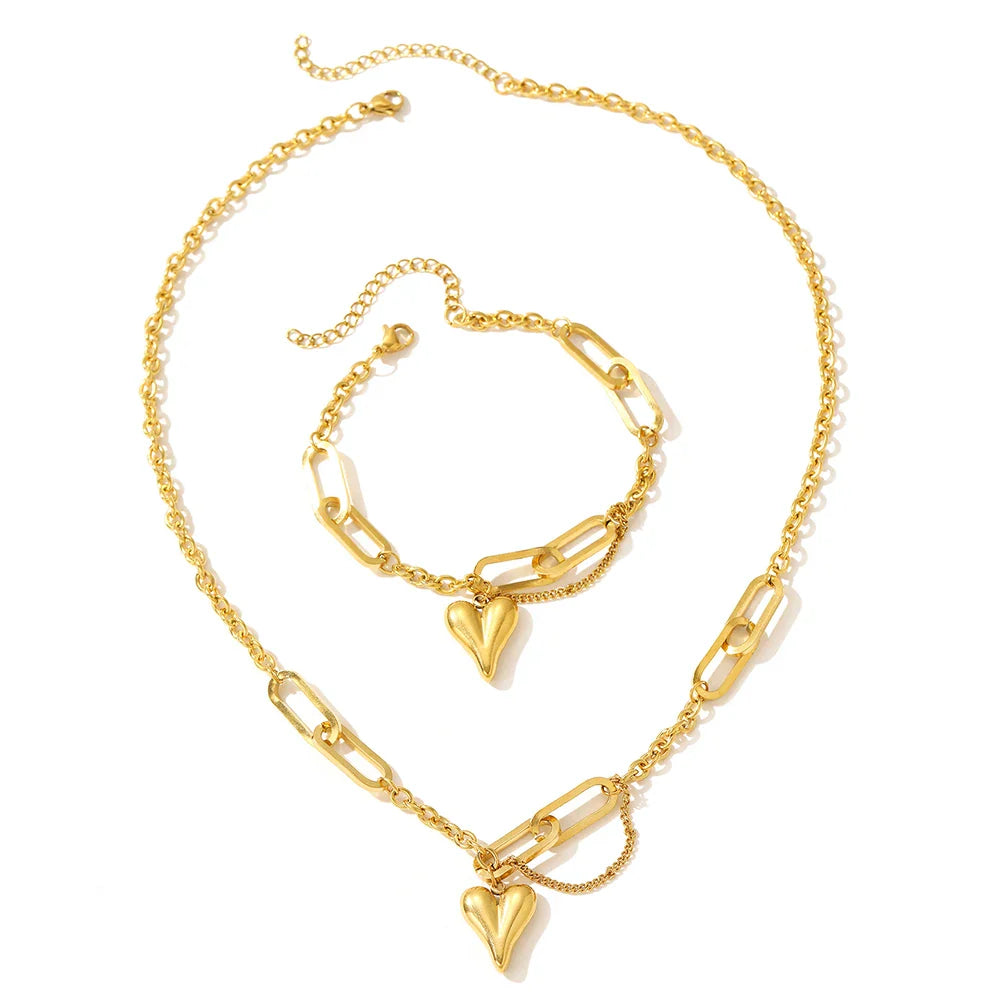 Matching Heart Shaped Chain Necklace & Bracelet Set