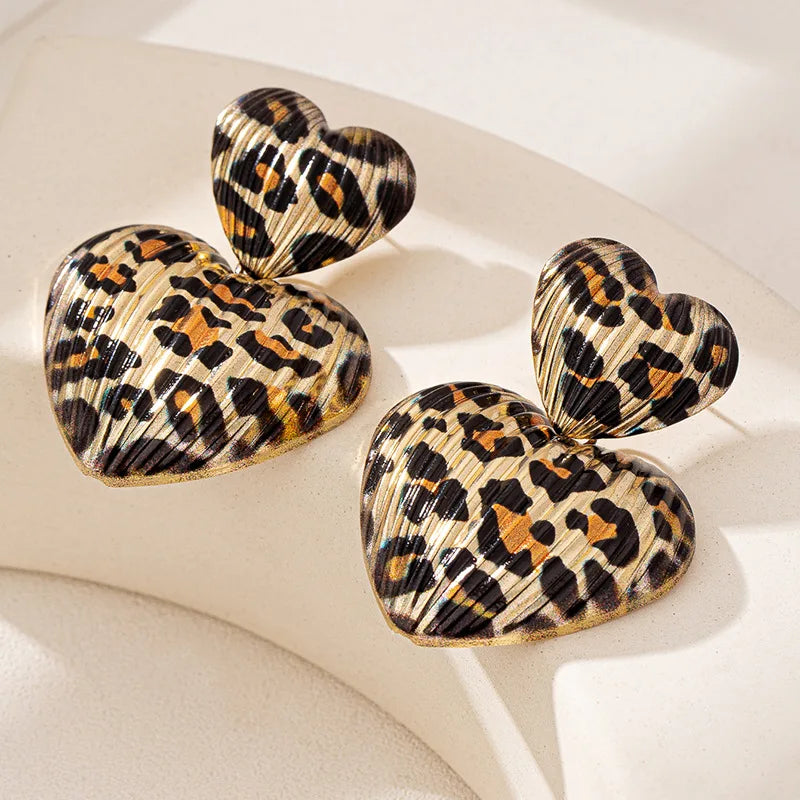 Trendy Gold Leopard Print  Heart  Drop  Earrings