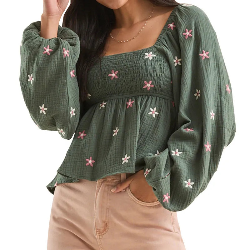 Floral Embroidered Smocked Square Neck Vintage Casual Tops