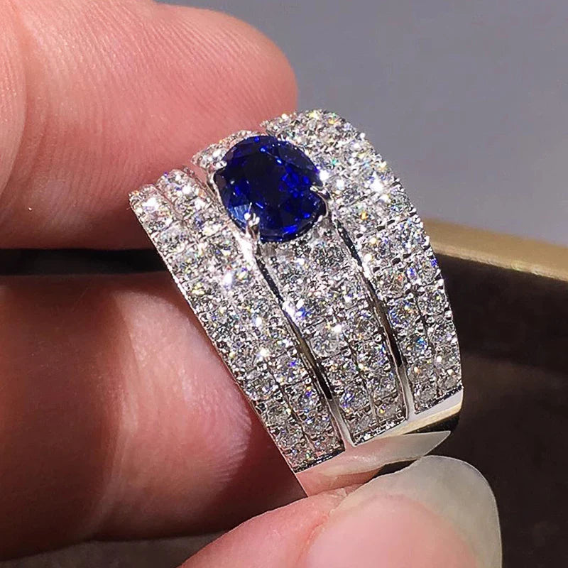 Sparkling Oval Blue CZ Wide Band Ring