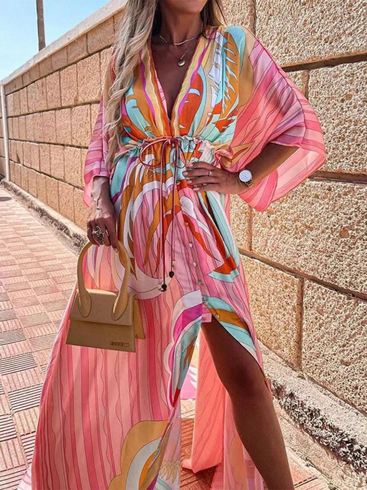 Elegant Artsy Print Oversized Holiday Beachy Maxi V-Neck Dress