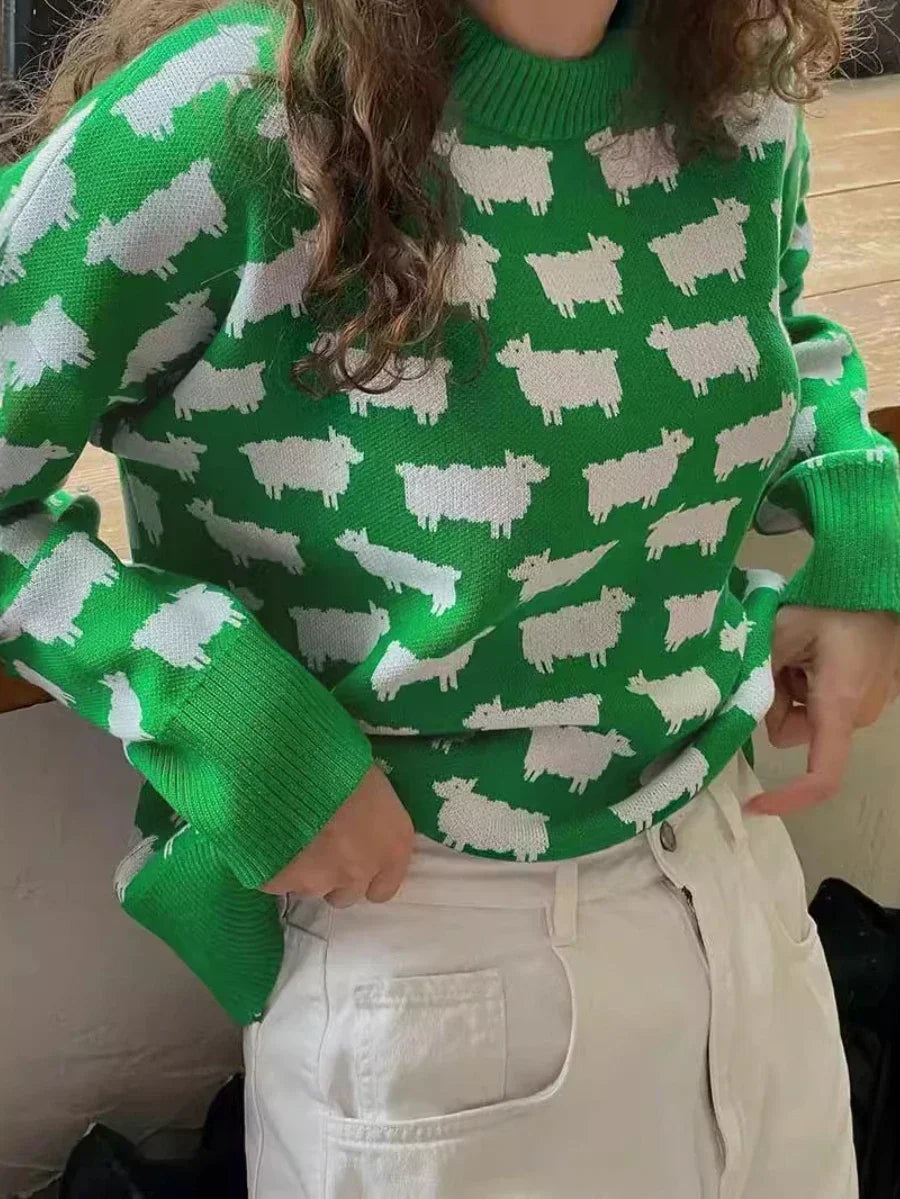 O-neck Alpaca Loose Casual Mid Length Printed Sweater