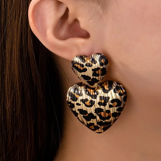 Trendy Gold Leopard Print  Heart  Drop  Earrings