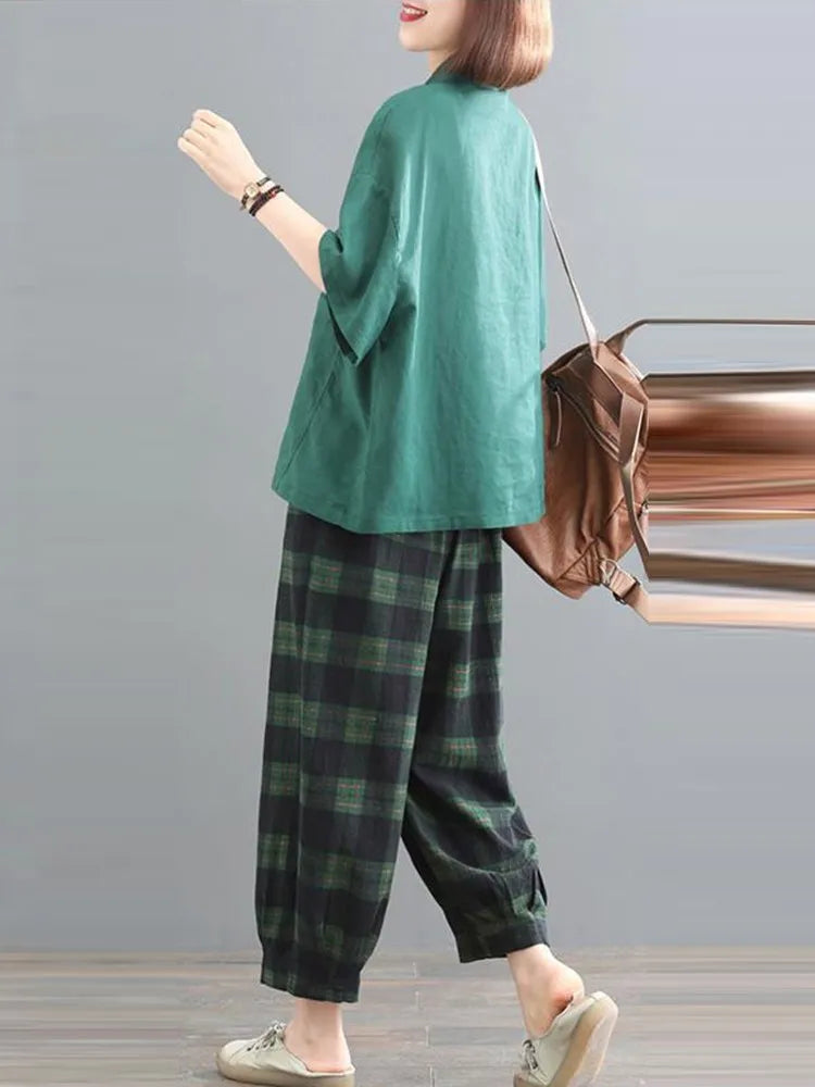 Vntage Style Loose Cotton Shirts & Plaid Pants 2 Piece Set