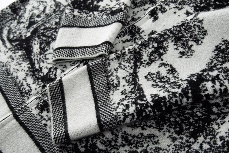 Tie Dye Pure Wool Black and White  Painting Hooded Zipper Cardigan