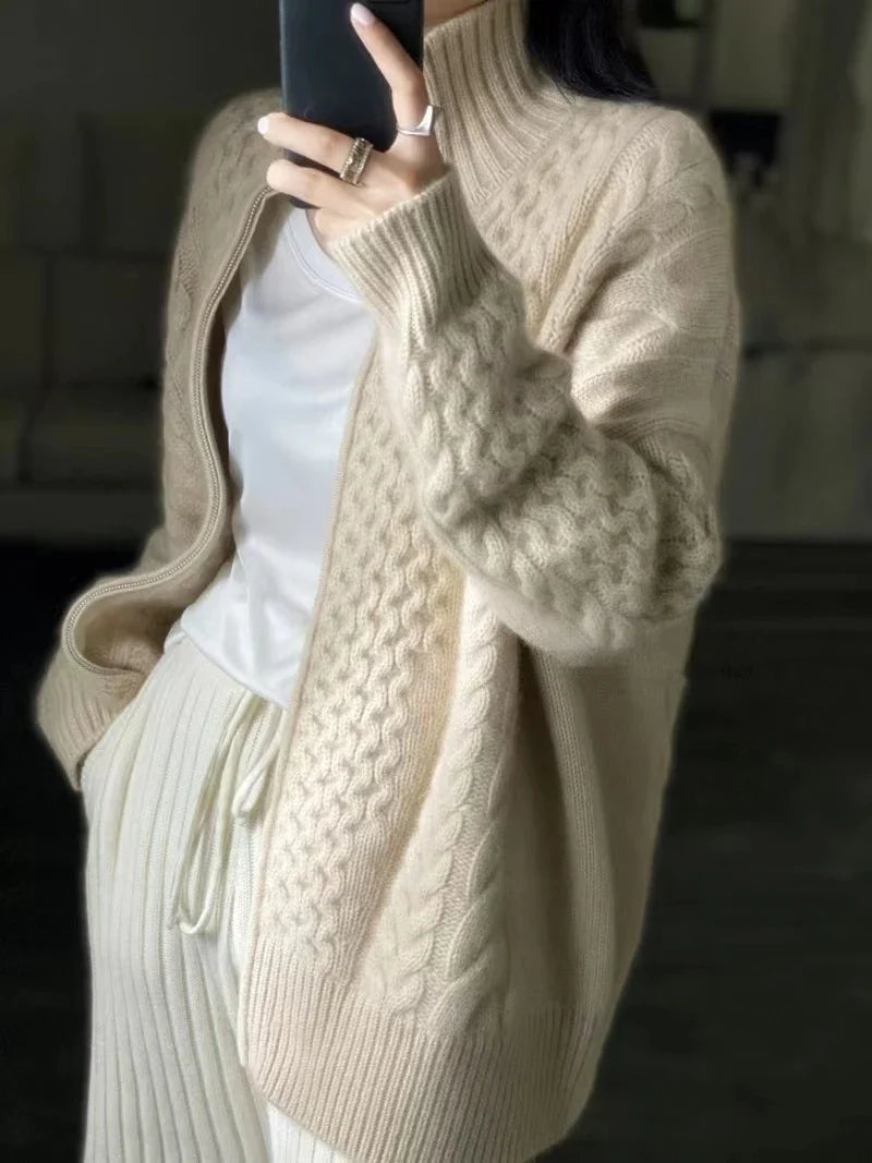 Luxurious High Neck Knit Wool Zippered Cardigan Sweater Jacket