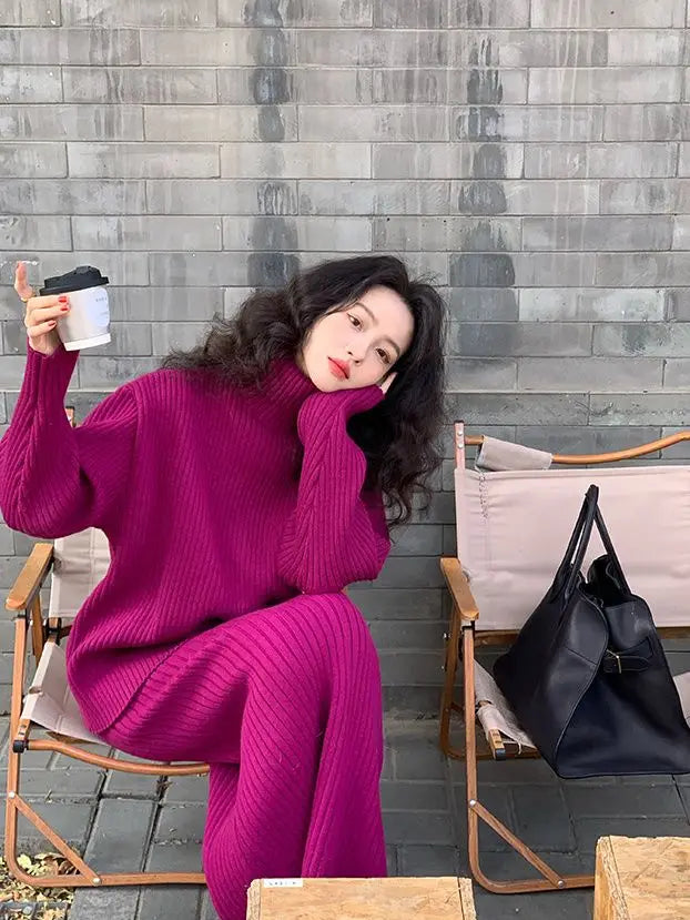 French Trendy Retro Two-piece Set with High Neck Sweater Knitted Top