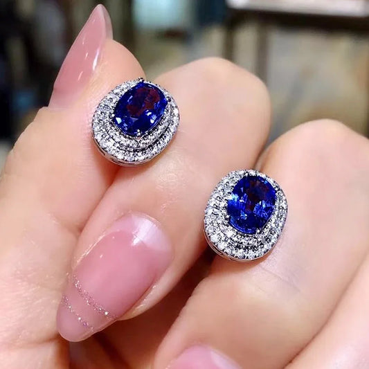 Gorgeous Blue Sapphire CZ Oval Shaped Stud Earrings