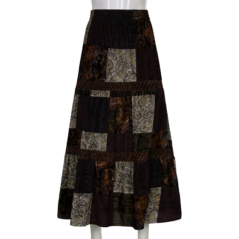Boho  Patchwork Brown Pleated   Skirt