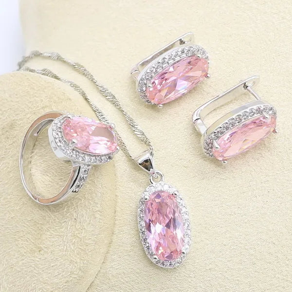 Pink Zircon Bracelet, Hoop Earrings, Necklace, Pendant, Ring Jewelry Set