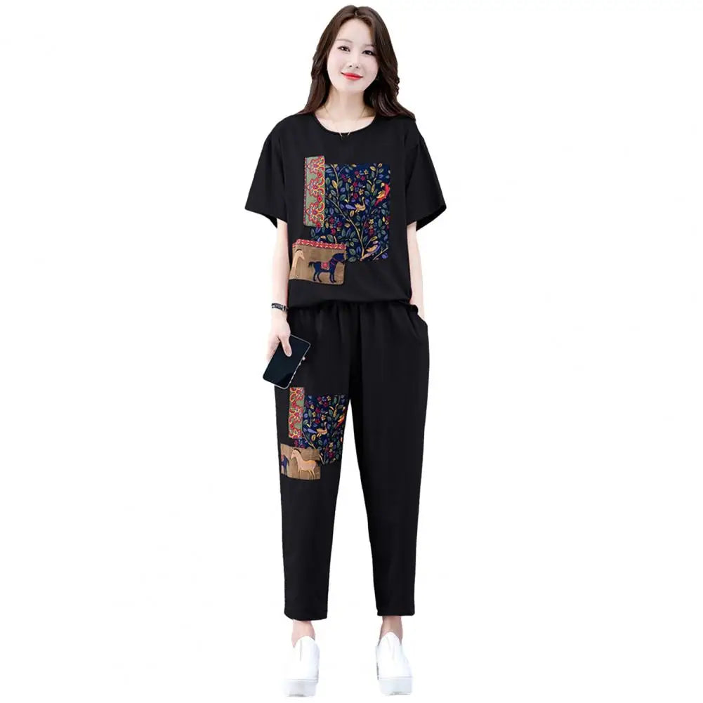 Cool Printing O-Neck Top Cropped Pants Set